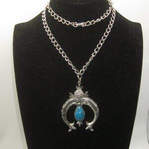 Faux Turquoise Squash Blossom Necklace